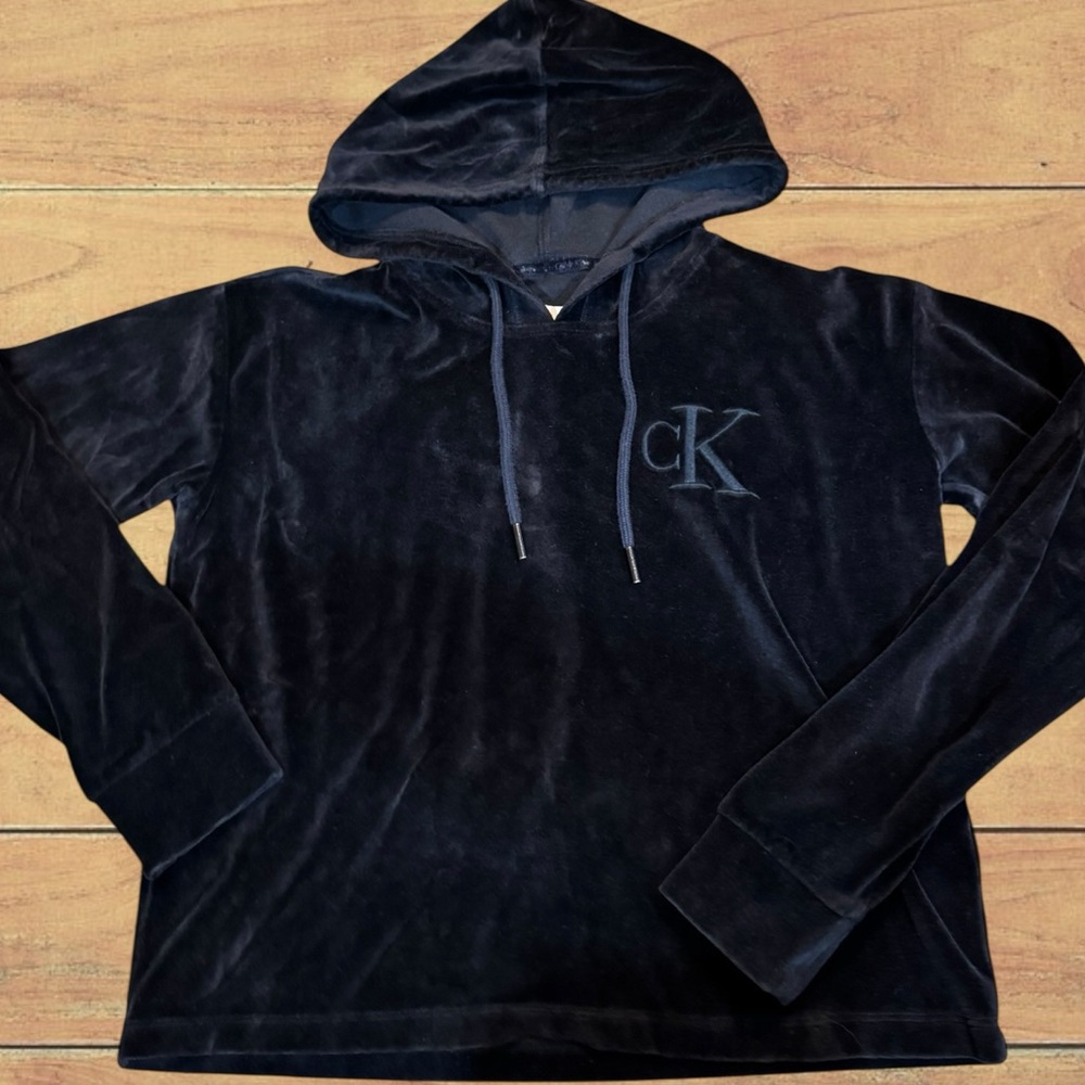 Calvin Klein Jeans Women’s Black Velour Pullover Hooded Sweatshirt Size XS Y2K - Picture 11 of 11